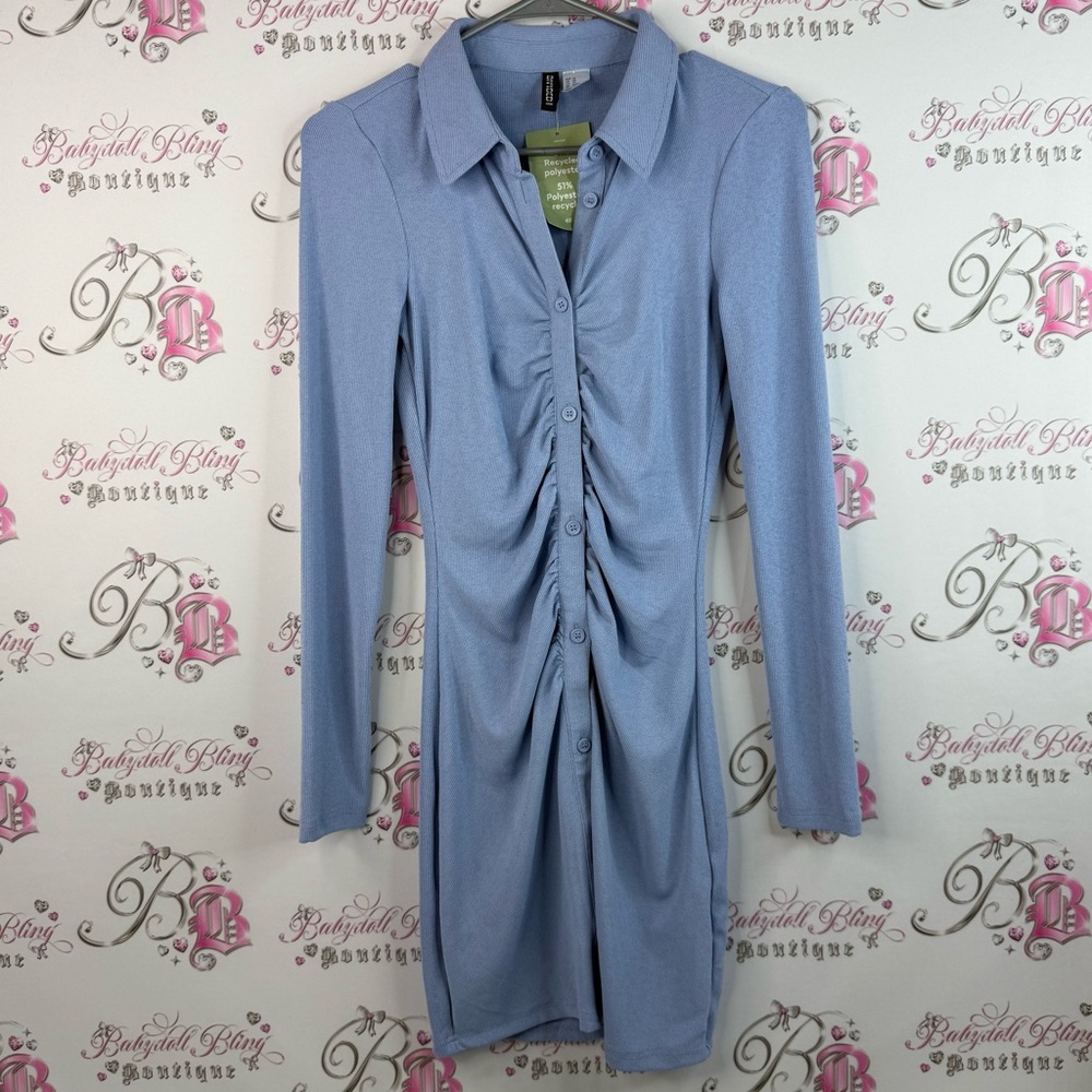H&M divided dress collared stretchy preppy Light Blue Button-Down Dress